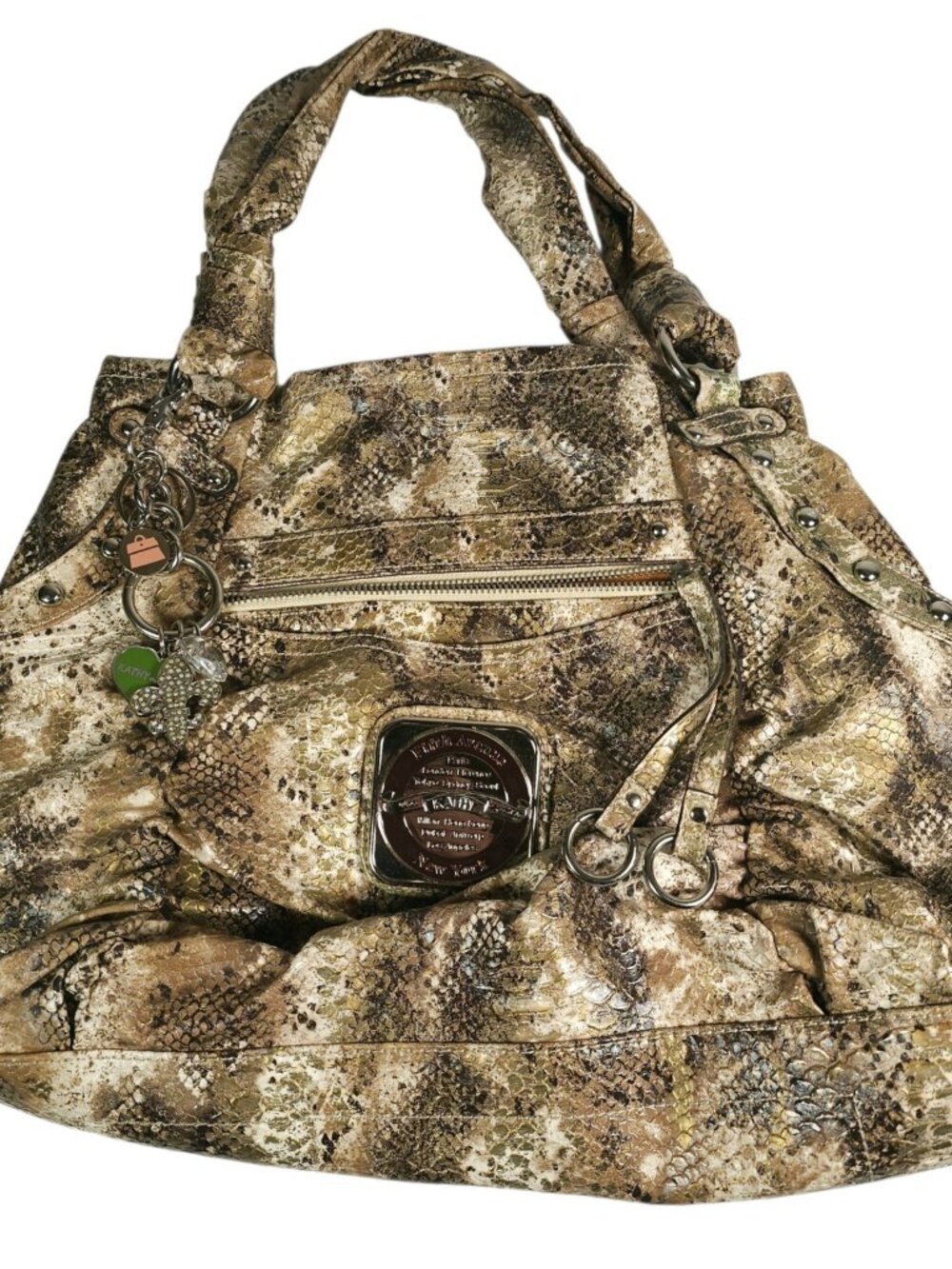 KATHY VAN ZEELAND Snake Print Hobo Bag Double Handles Metallic Finish